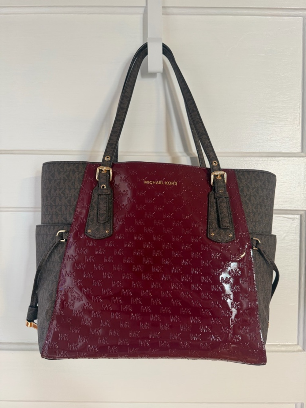 Michael Kors Burgundy Patent Tote with Brown MK Signature Trim